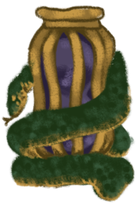a purple and gold hourglass with a green snake wrapped around it